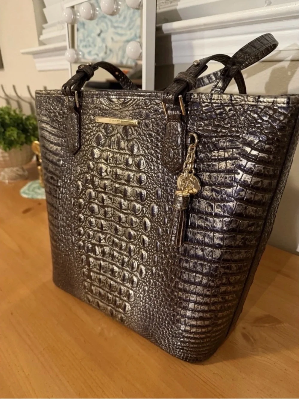 Brahmin Ezra Metallic Croc-Embossed Tote - Brown